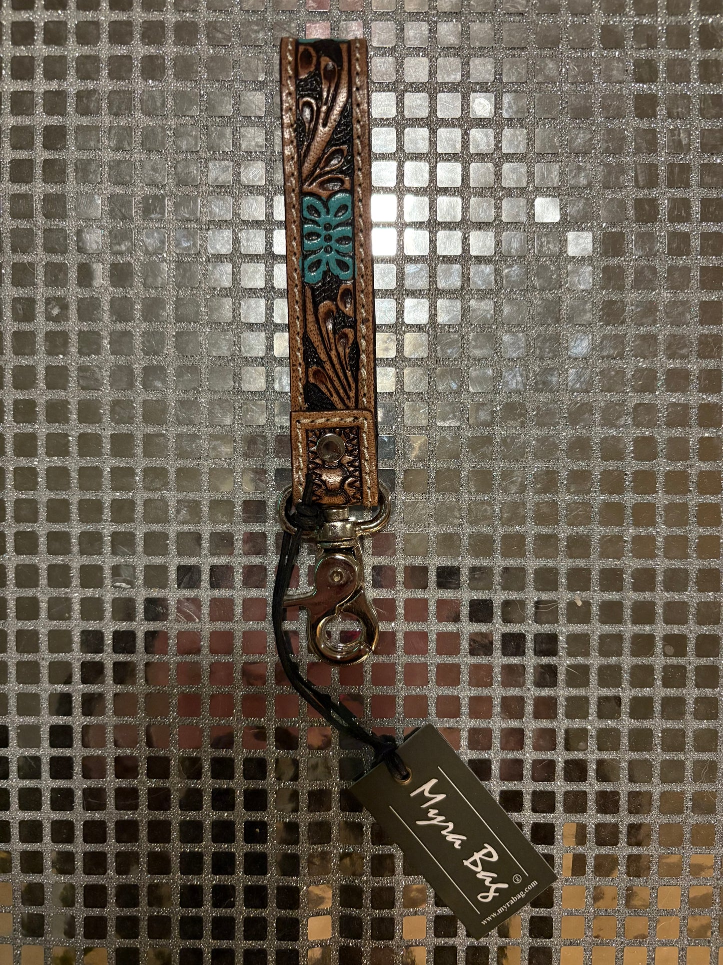 Teal Flower Cowhide Key Fob