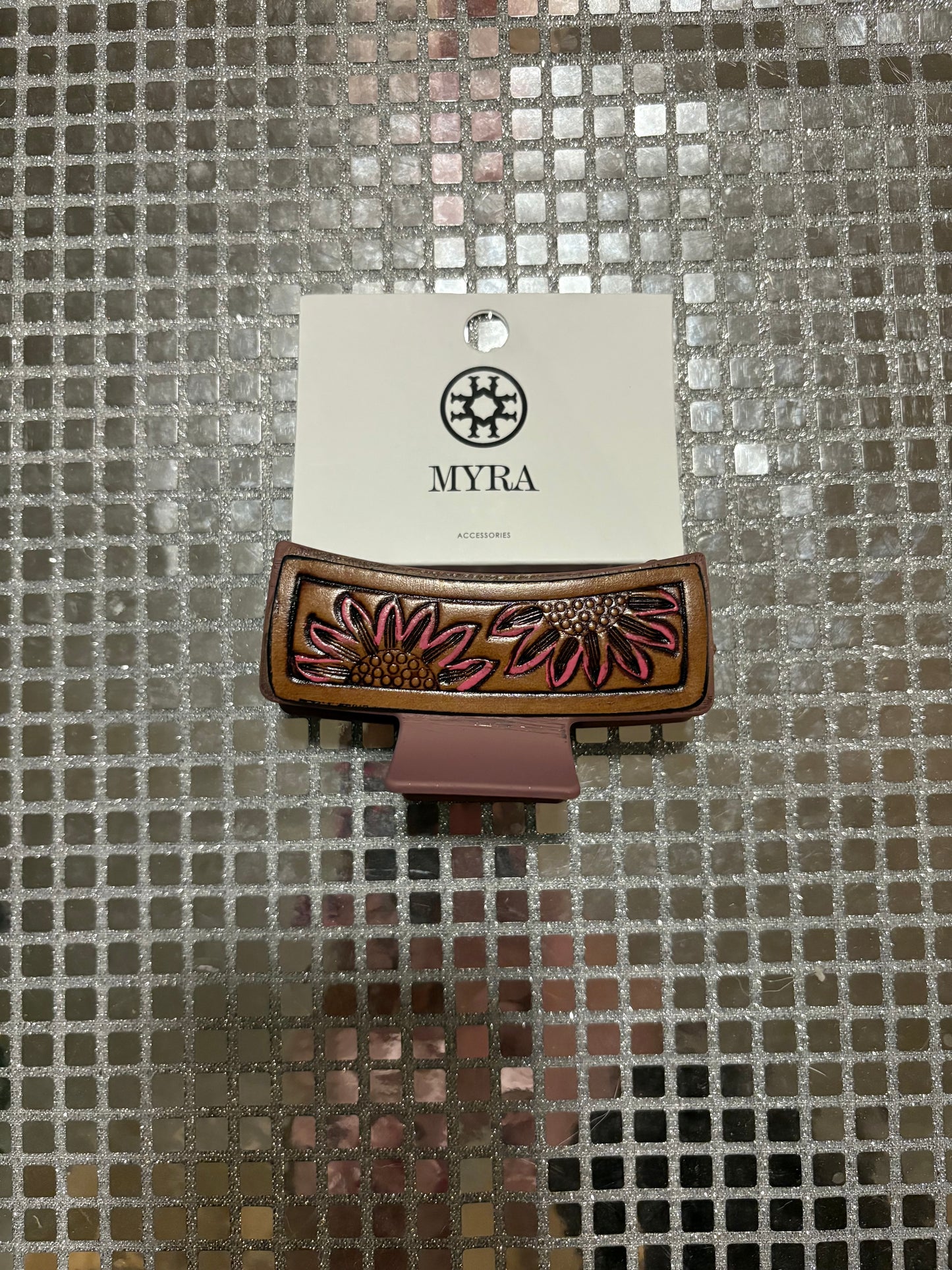 Pink Flower Tooled Claw Clip