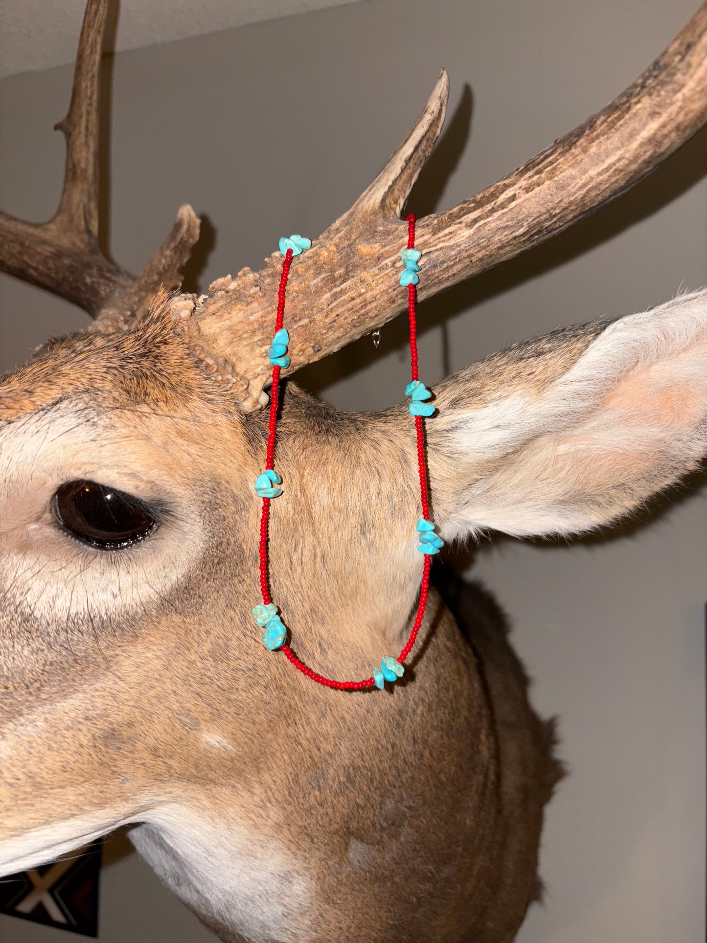 Red Necklace with turquoise rocks