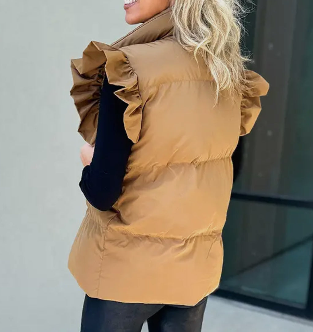 Brown Flutter Sleeve Puff Vest