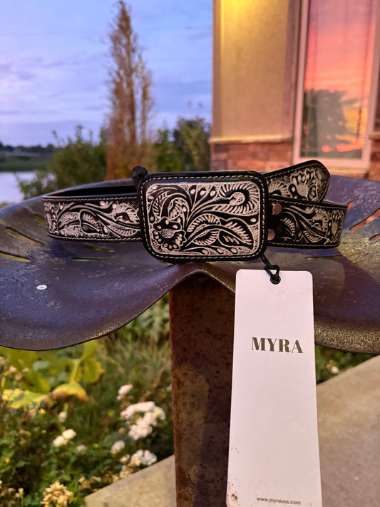 White & Black Tooled Belt