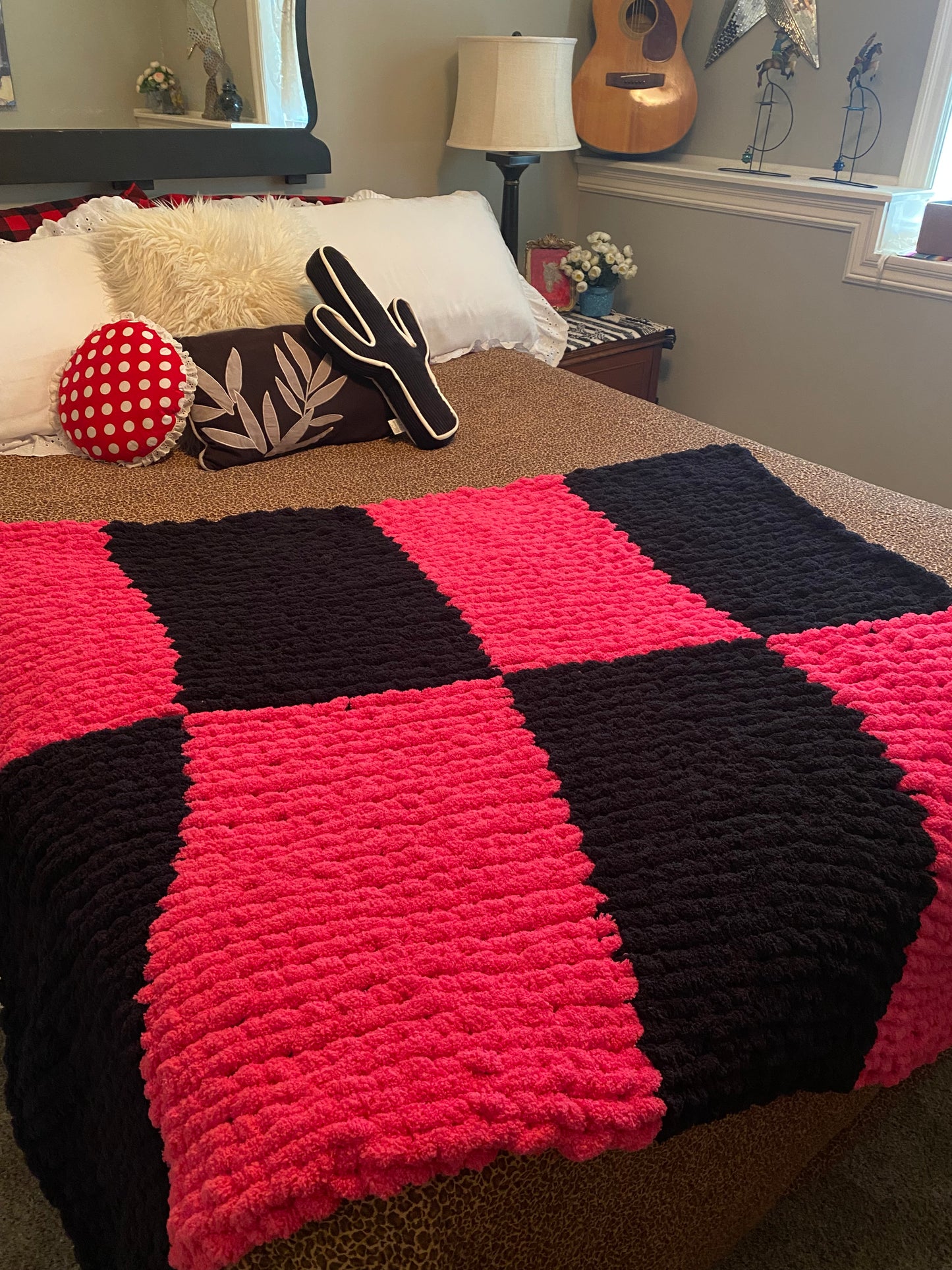 Hot Pink and Black Checkered Knit Blanket