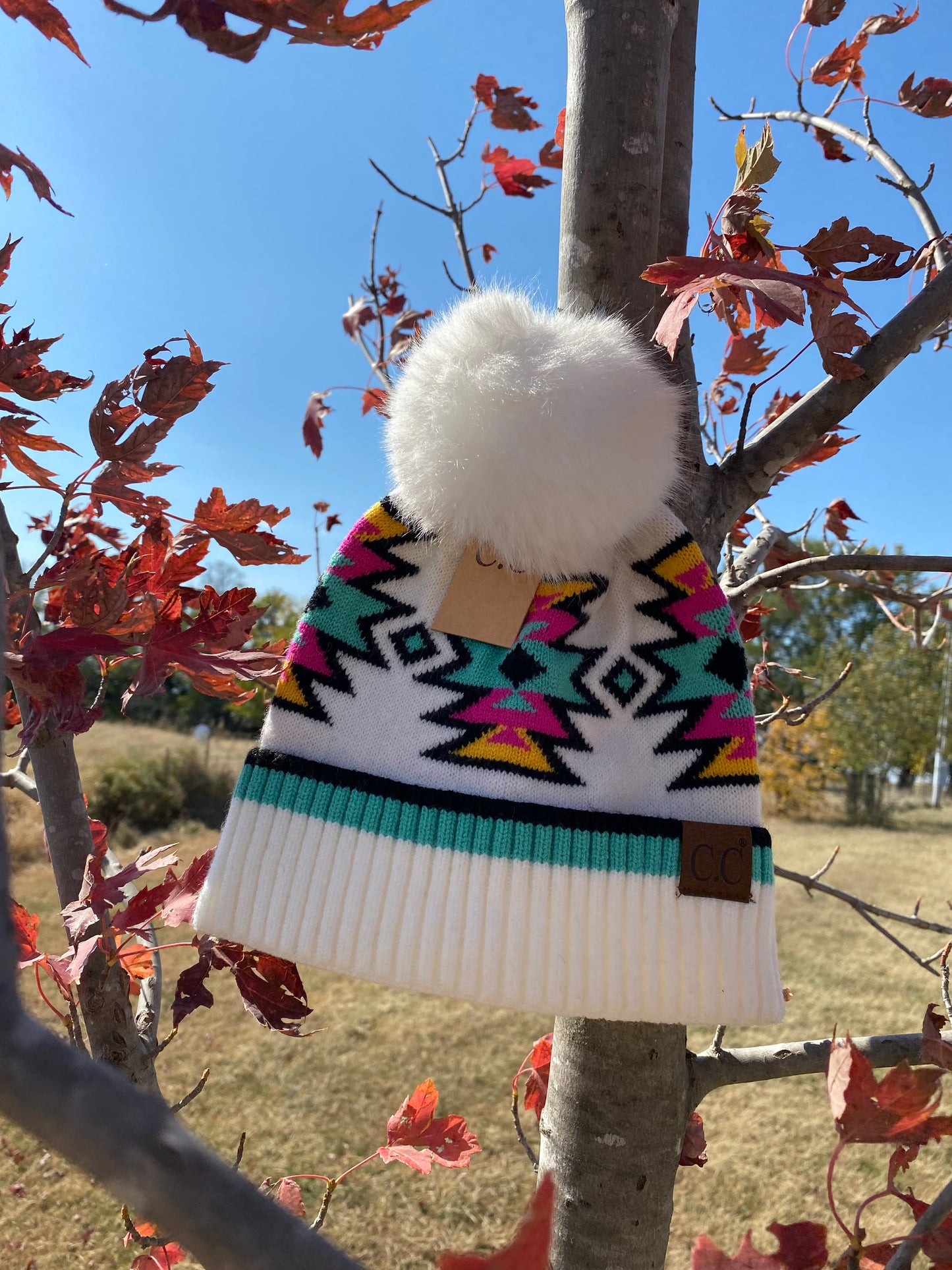 White, Pink, & Turquoise Beanie