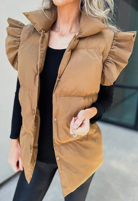 Brown Flutter Sleeve Puff Vest