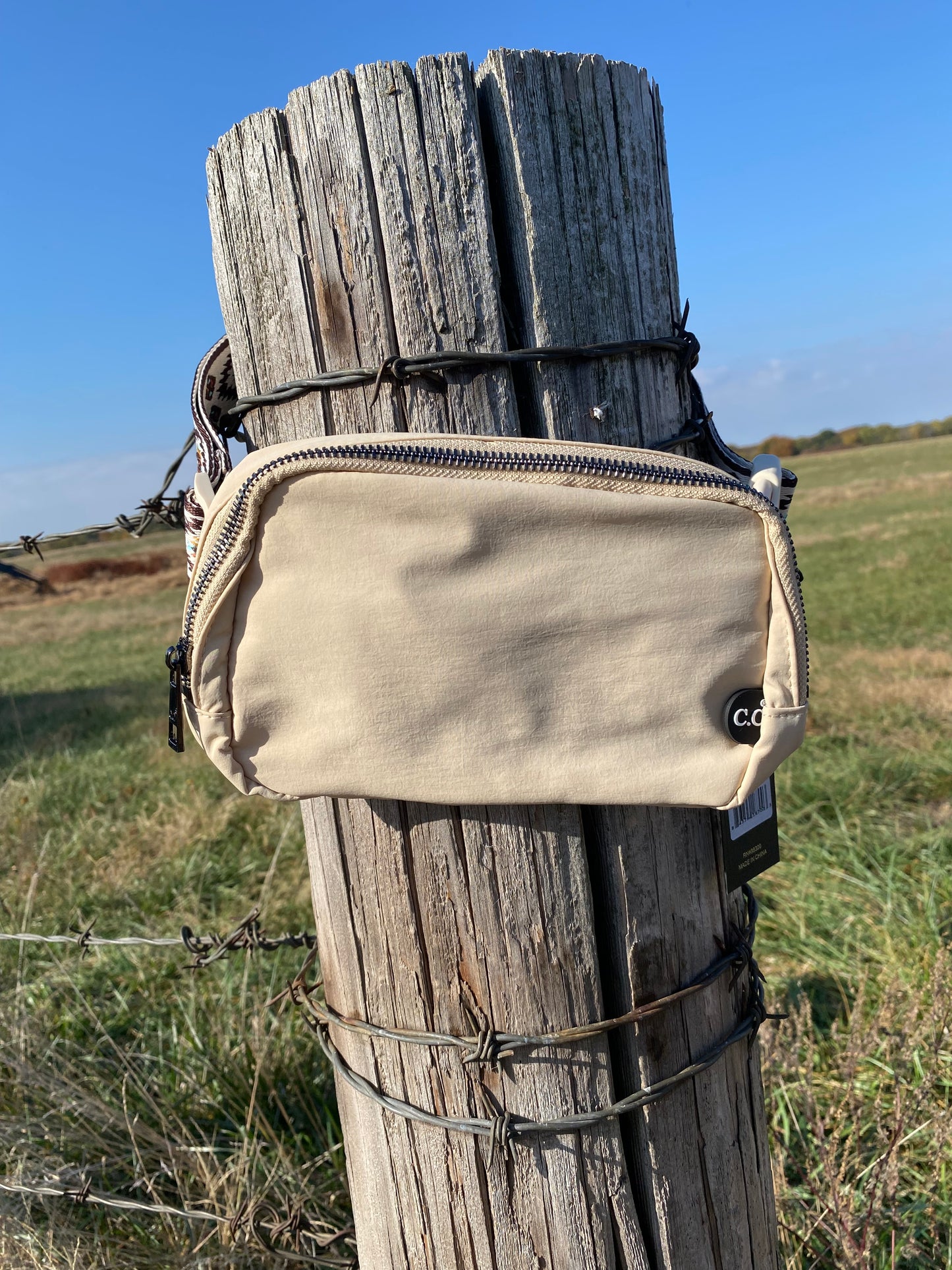 Tan Belt Bag with Aztec Strap