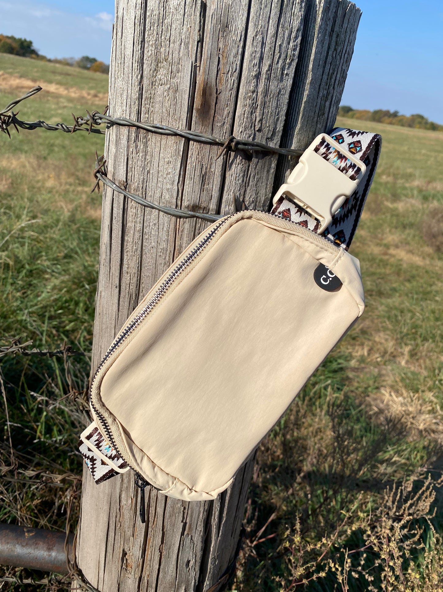 Tan Belt Bag with Aztec Strap