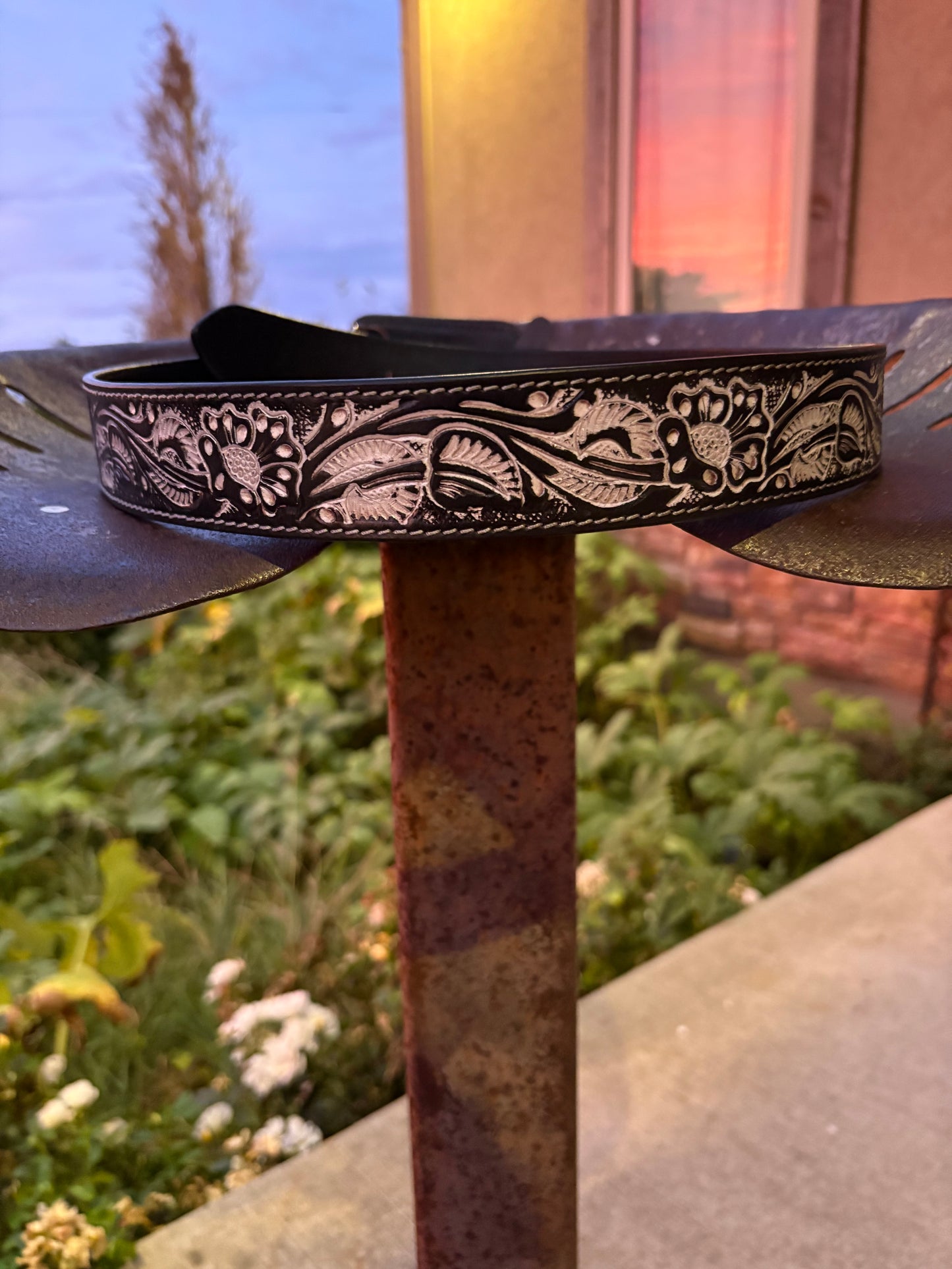 White & Black Tooled Belt