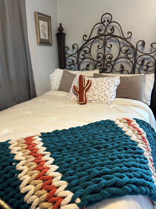 Turquoise,Tan, Rust, & White Chunky Knit Blanket