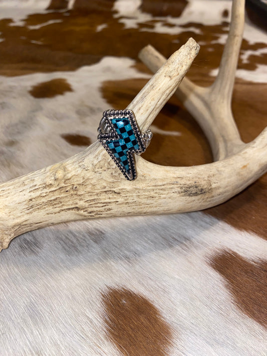 Blue Checkered Bolt Stretch Ring