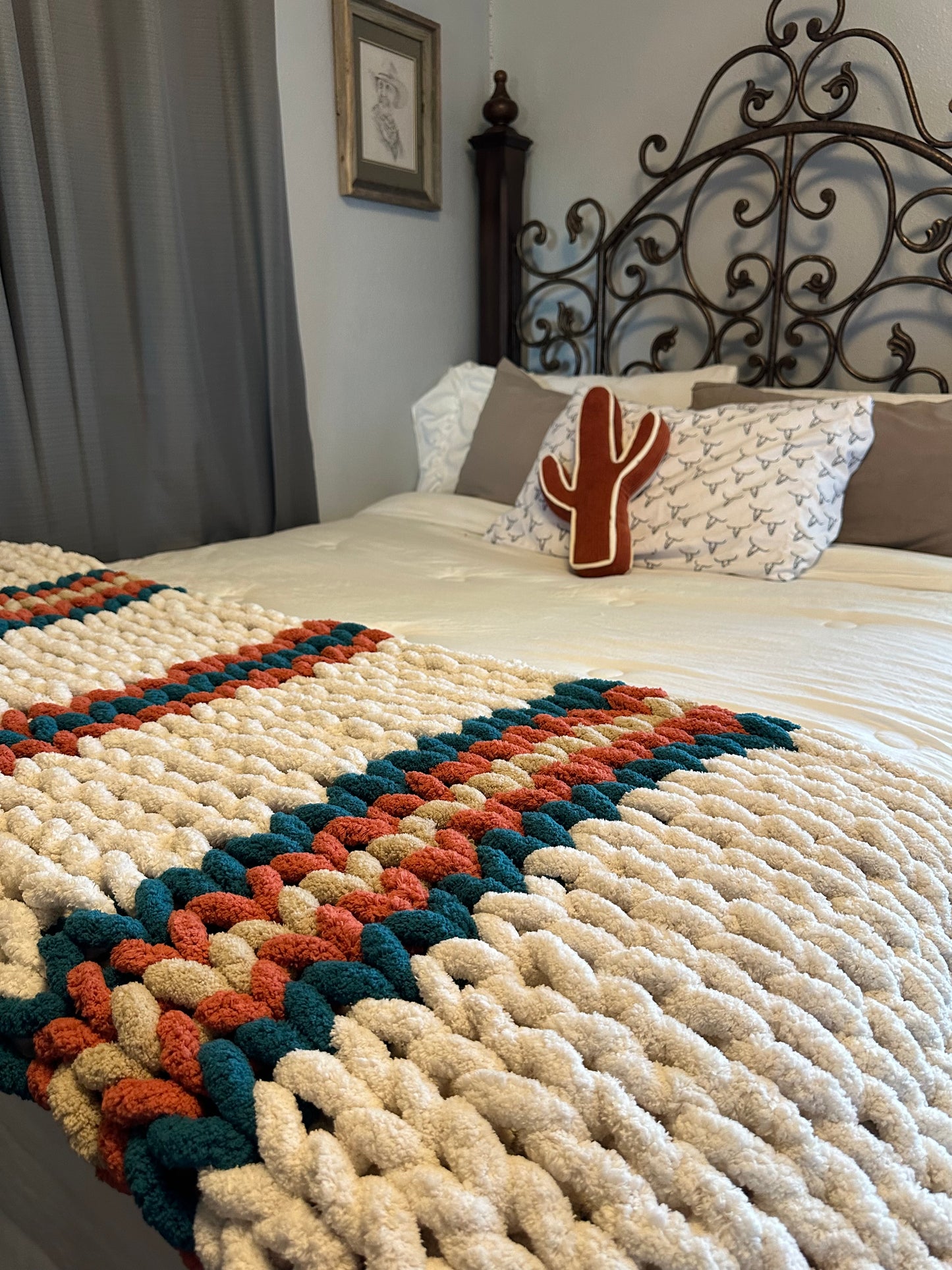 Tan, Turquoise, & Rust Chunky Knit Blanket