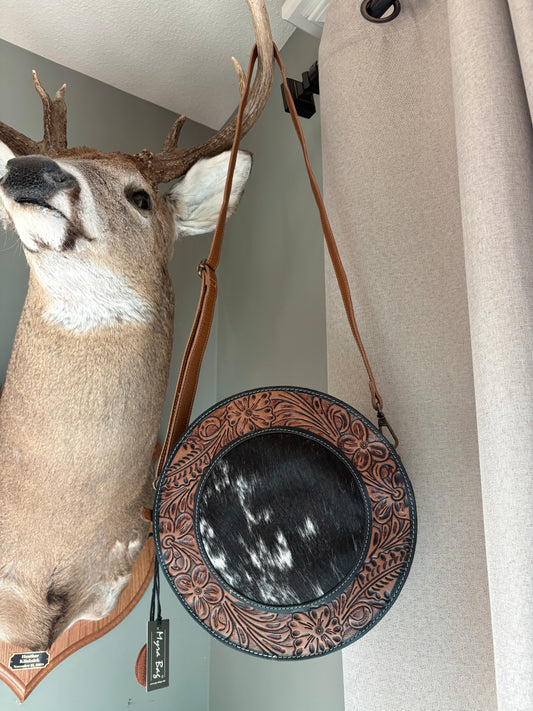 Round cowhide & leather purse