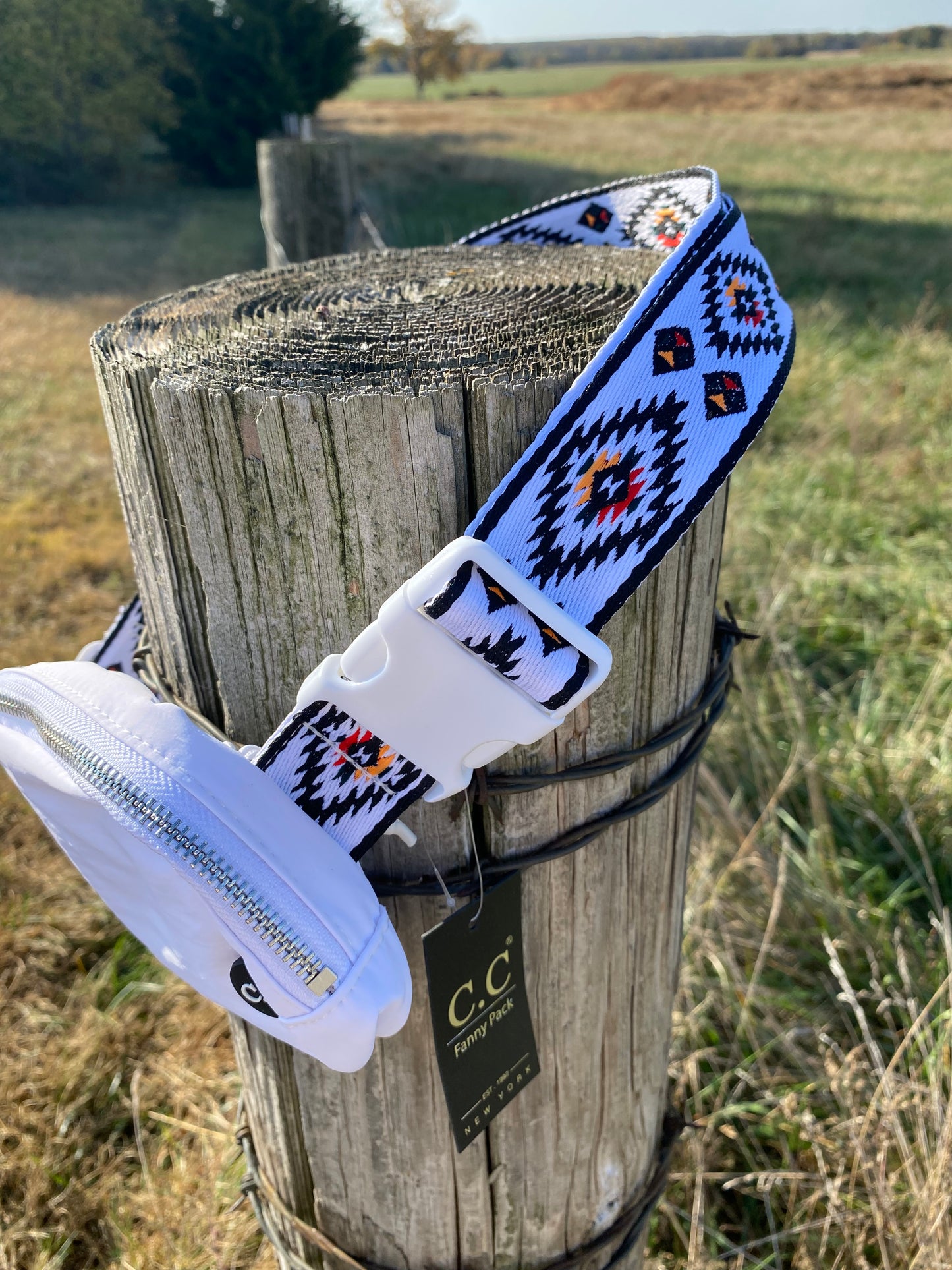 White Belt Bag with Aztec Strap