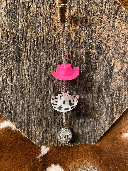 Pink and cow print hat car charm