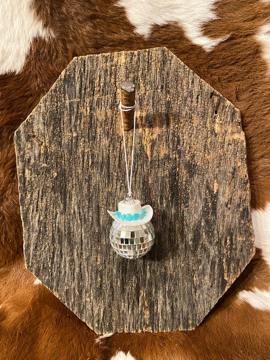 White disco ball car charm with turquoise rocks