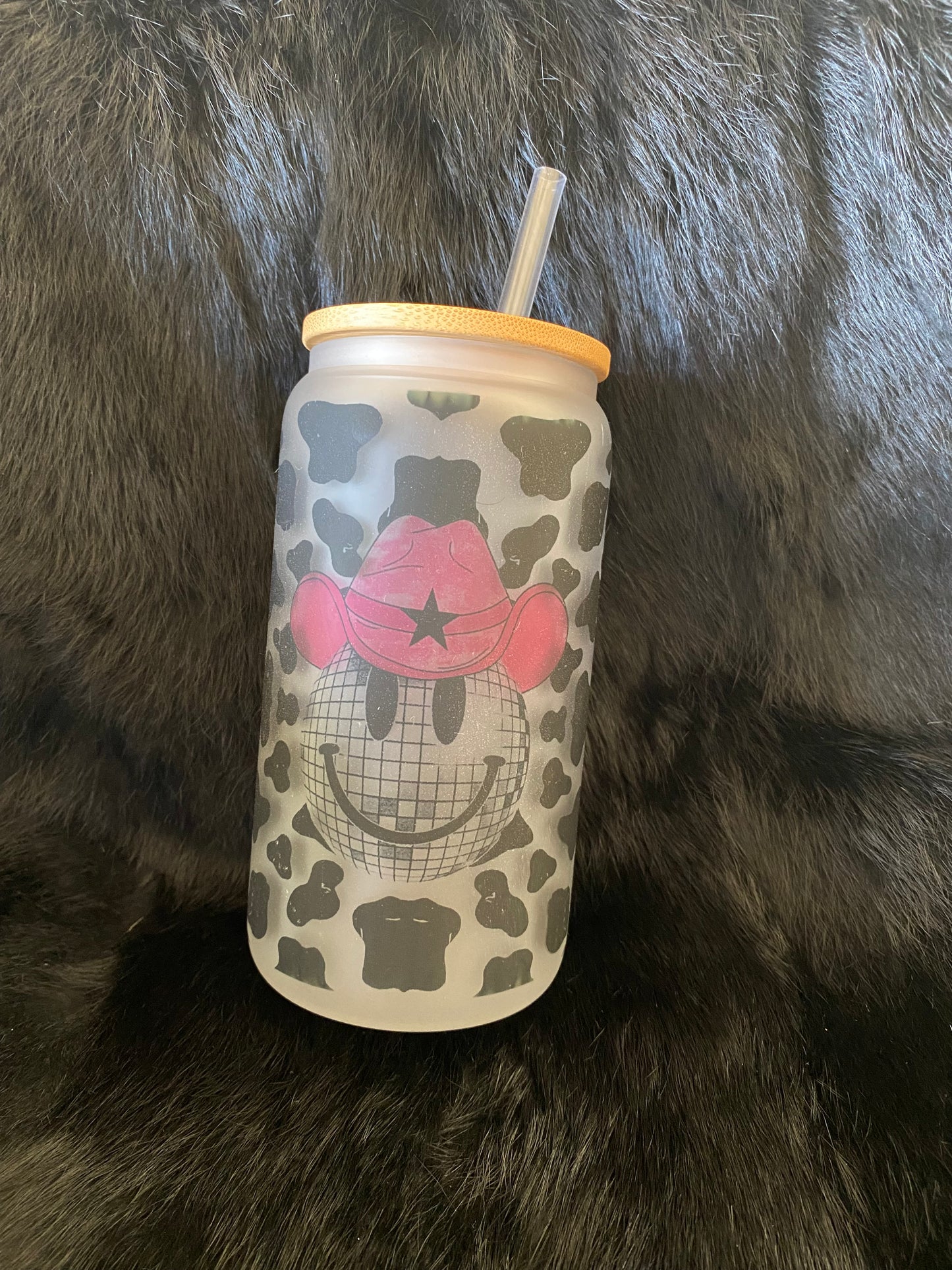 Cow print Disco frosted glass cup