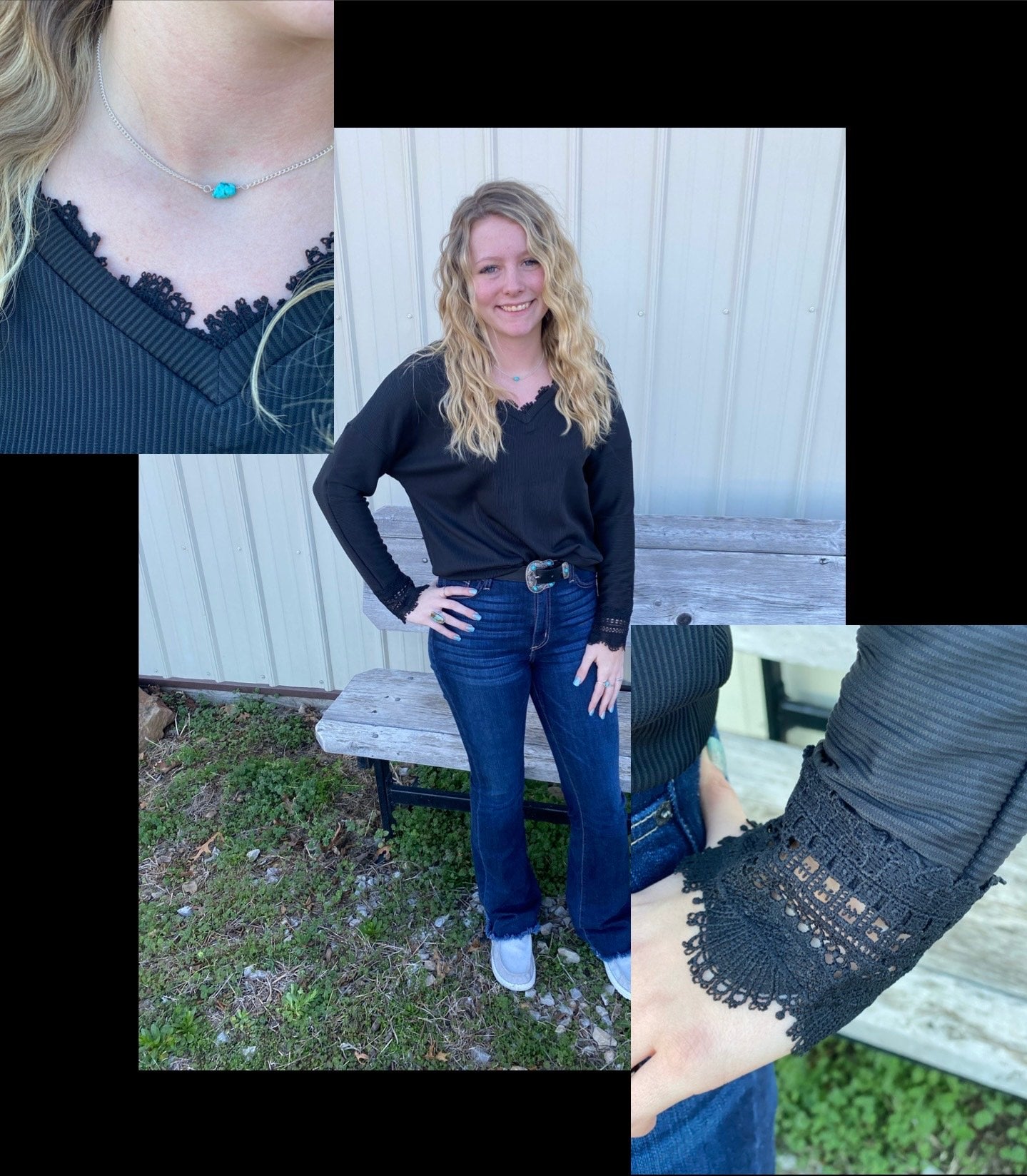 Black Ribbed Lace V-Neck Top